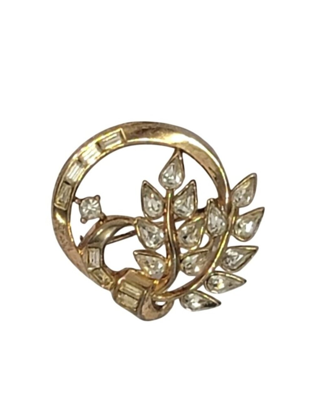 Crown Trifari Vintage Gold-Tone Brooch Clear Rhinestones Leaf Signed
